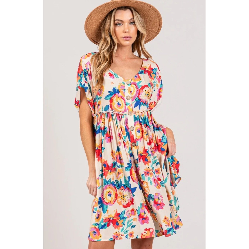 Sage + Fig Floral Babydoll Dress Womens Lg Multicolor Rayon SS‎ Button Down Boho